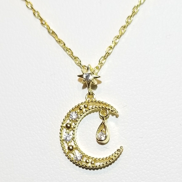 New 925 Silver Moon Diamond Pave CZ Necklace - Picture 2 of 6